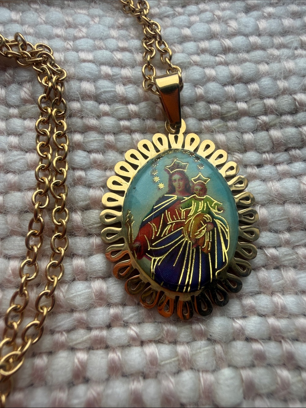 Virgin Mary and Baby Jesus Christ Stainless Steel Necklace – Gold Color